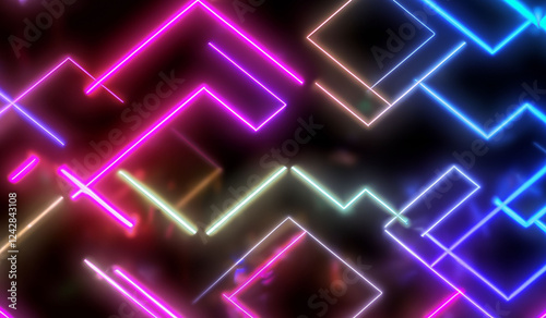 Black abstract background with glowing neon pink blue chaotic zigzag lines pattern 
