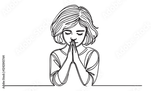 continuous one single black line art doodle drawing of kid sitting and apologize hand gesture to pray illustration on white background