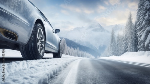 Car tires rolling through a snow-covered winter road with a scenic snowy forest and mountain backdrop
