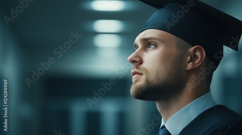 Profile of a young graduate in a cap and gown in a dimly lit hallway. academic achievement and future aspirations photo