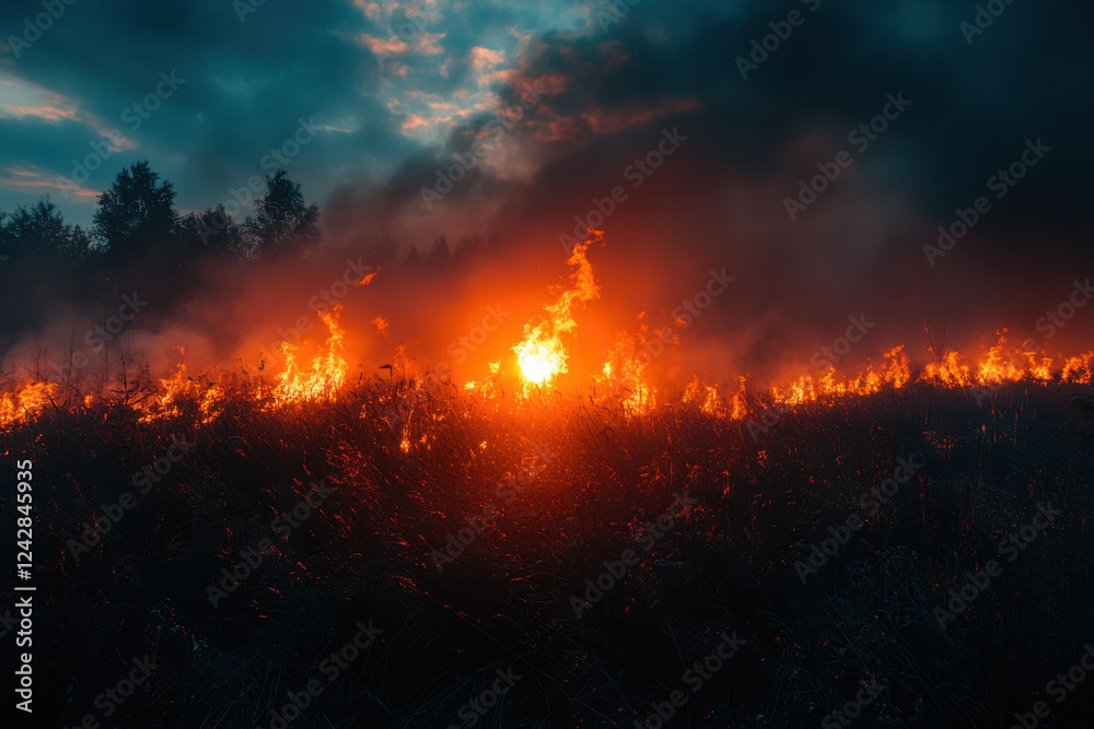 Naklejka premium Red Glow of Wildfire Illuminates the Night
