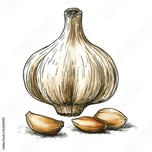 Fresh whole garlic clove vegetable and garlic cloves vector illustration isolated on white background