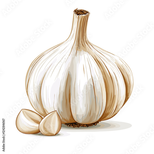 Fresh whole garlic clove vegetable and garlic cloves vector illustration isolated on white background