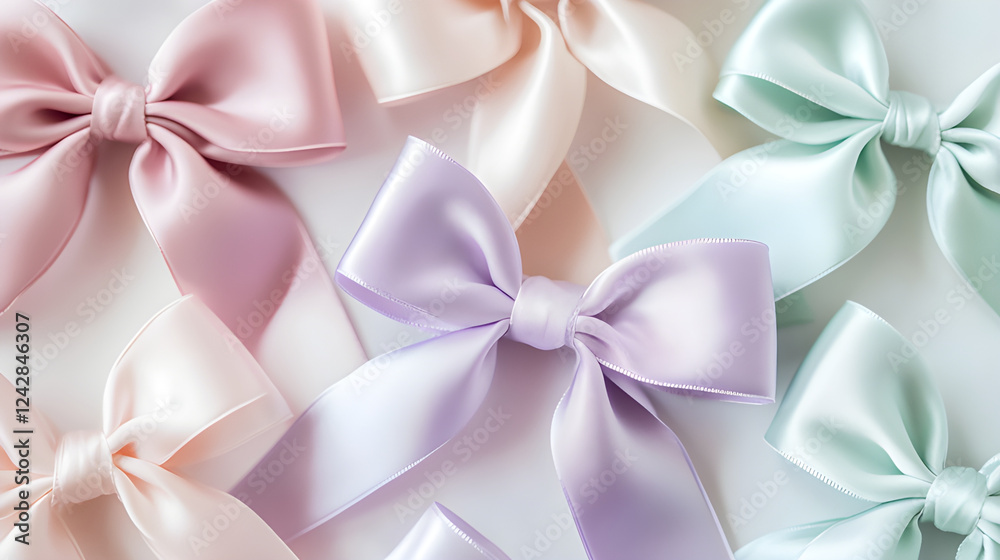 A delicate selection of satin ribbon bows in soft pastel colors such as pink, lavender, and mint green. This elegant set is ideal for detailed crafting, gift wrapping A delicate selection of satin ribbon bows in soft pastel colors such as pink, lavender, and mint green. This elegant set is ideal for detailed crafting, gift wrapping