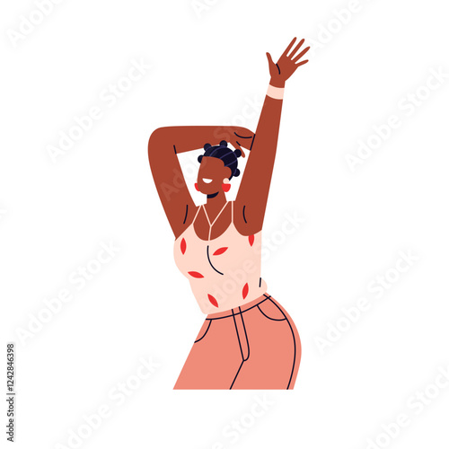 Happy young black woman dancing with arm up at disco party. Energetic carefree girl enjoying music. Modern style female having fun, smiling. Flat vector illustration isolated on white background