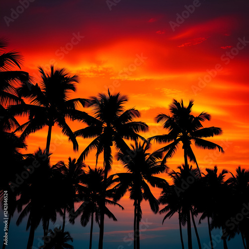 Palm trees silhouetted against a vibrant sunset sky, encapsulating tropical serenity and warmth with a sense of peaceful escape. photo