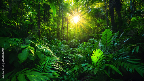 Sun rays in lush green rainforest jungle