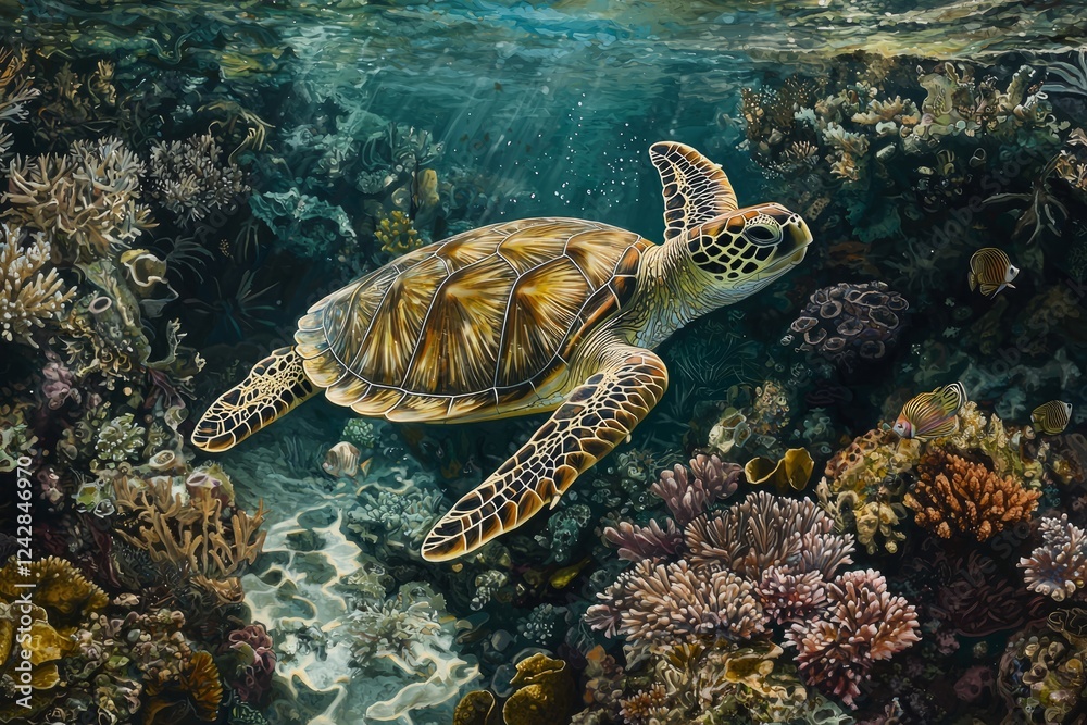 Obraz premium Sea turtle gliding gracefully through vibrant coral reef in crystal-clear waters