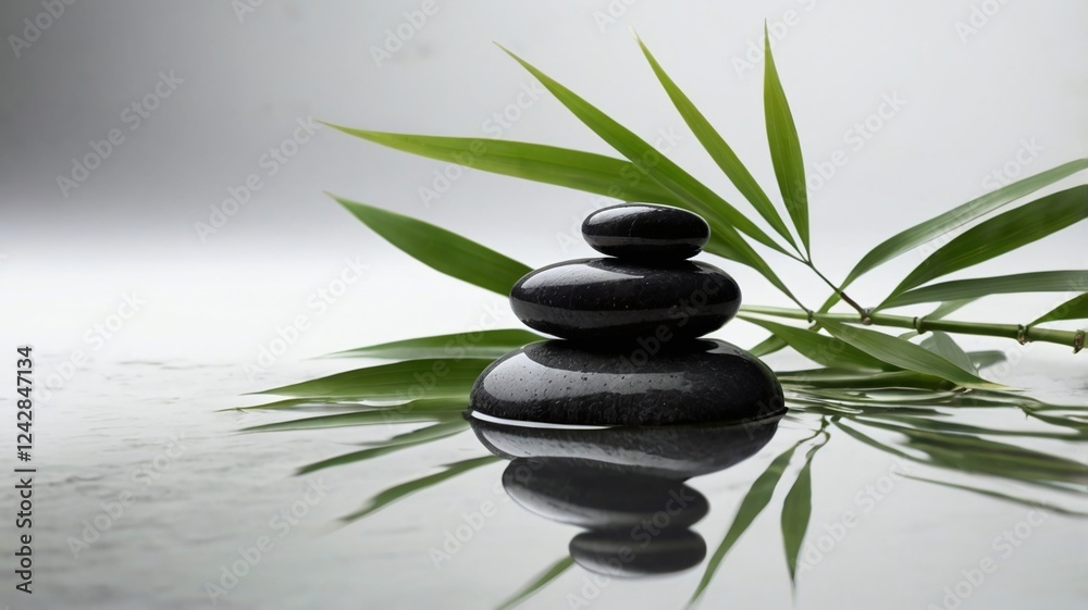 Black zen spa stones with banmoo leaves on white backgruond Black zen spa stones with banmoo leaves on white backgruond