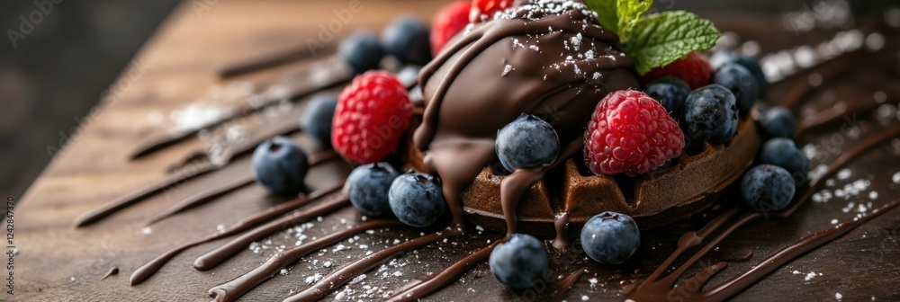 Rich chocolate dessert with berries and mint served on wooden table in bakery. Generative AI Rich chocolate dessert with berries and mint served on wooden table in bakery. Generative AI