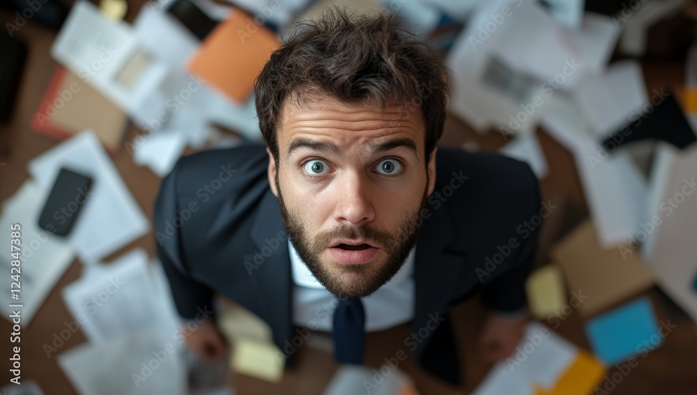 Fototapeta premium Overwhelmed businessman surrounded by paperwork looks up in surprise and shock, depicting stress and chaos in the workplace
