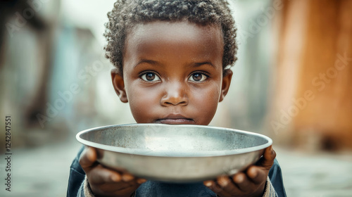 Young boy with big eyes and unkempt hair holds metal bowl, embracing hope amid poverty on the street photo