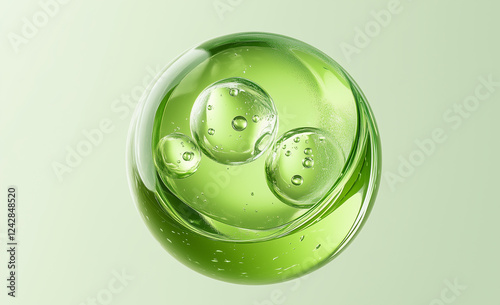 green water liquid bubble, drops, transparent sphere ball, moisture serum, molecules cells, water splash,3d render,Cosmetic and luxury product