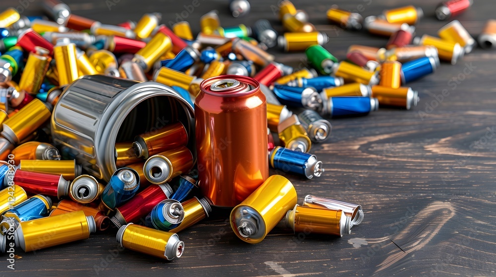 Colorful Collection of Batteries and Cans on Wooden Surface Colorful Collection of Batteries and Cans on Wooden Surface