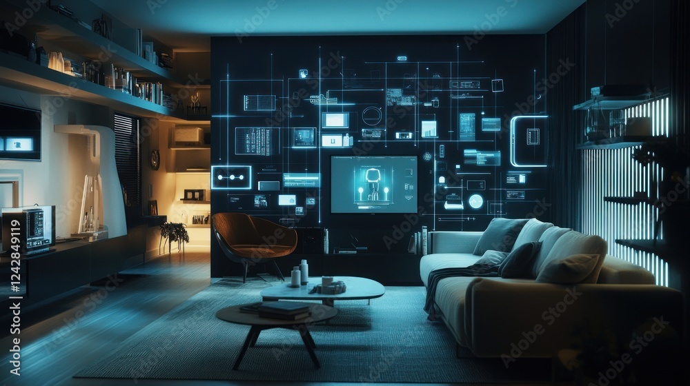 Smart home control interface projected on wall, living room, futuristic tech Smart home control interface projected on wall, living room, futuristic tech