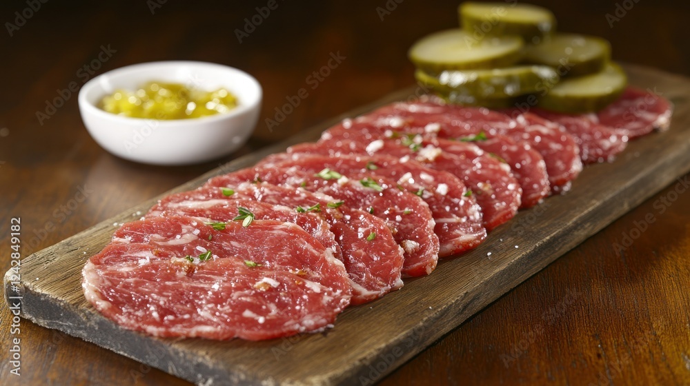 Sliced Raw Beef with Pickles on Wooden Board Sliced Raw Beef with Pickles on Wooden Board