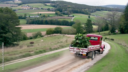 Vintage Red Truck Carrying Plants on a Scenic Country Road