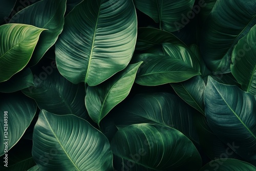Lush green leaves background, tropical foliage, nature texture, design element