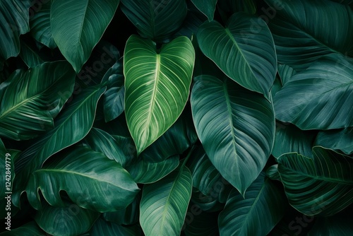 Lush green tropical leaves background texture