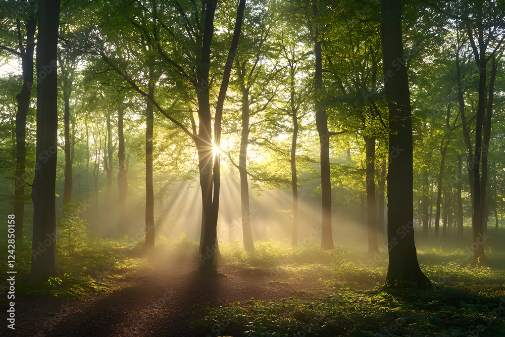 Fototapeta premium Sunbeams in misty forest at dawn, nature scene