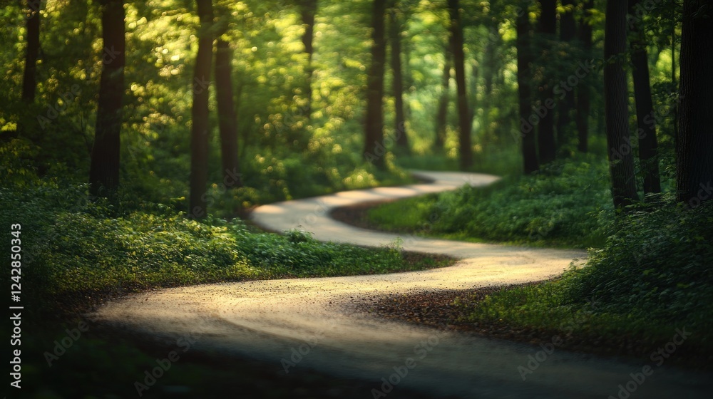 Naklejka premium Winding forest path, sunlight, nature, journey, travel, background, green, peaceful, serenity, website