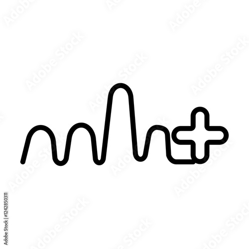 Heartbeat line with cross shape. One red plus in pulse. Cardio rate. Electrocardiogram or ECG. Healthcare design icon. First aid X sign. Life rescue. Medical vector illustration