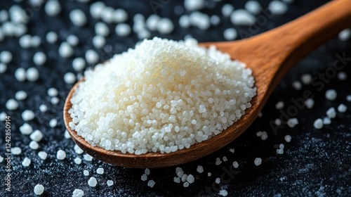 Small white granules in wooden spoon, dark background, food photography photo