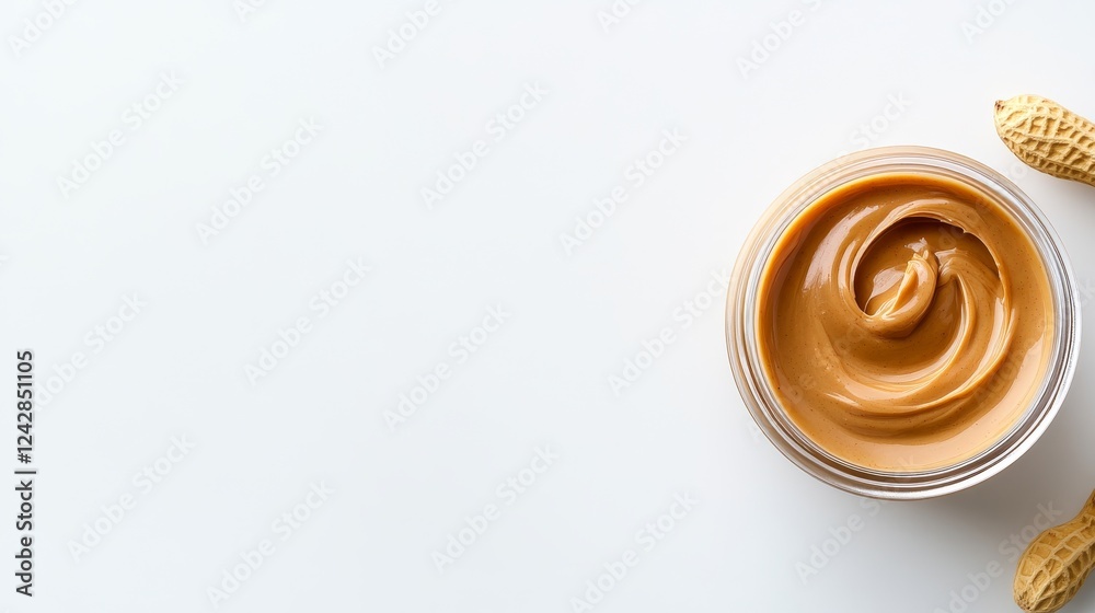 Creamy peanut butter in glass jar, overhead shot on white background, copy space, peanuts. Food blog, recipe website use Creamy peanut butter in glass jar, overhead shot on white background, copy space, peanuts. Food blog, recipe website use