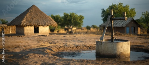 Village well pump, water source, rural Africa, sunset photo