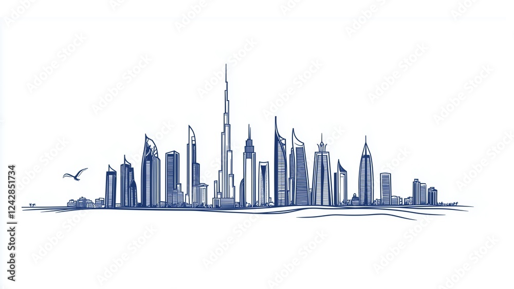 Obraz premium Cityscape, Dubai skyline vector line art/ illustration.