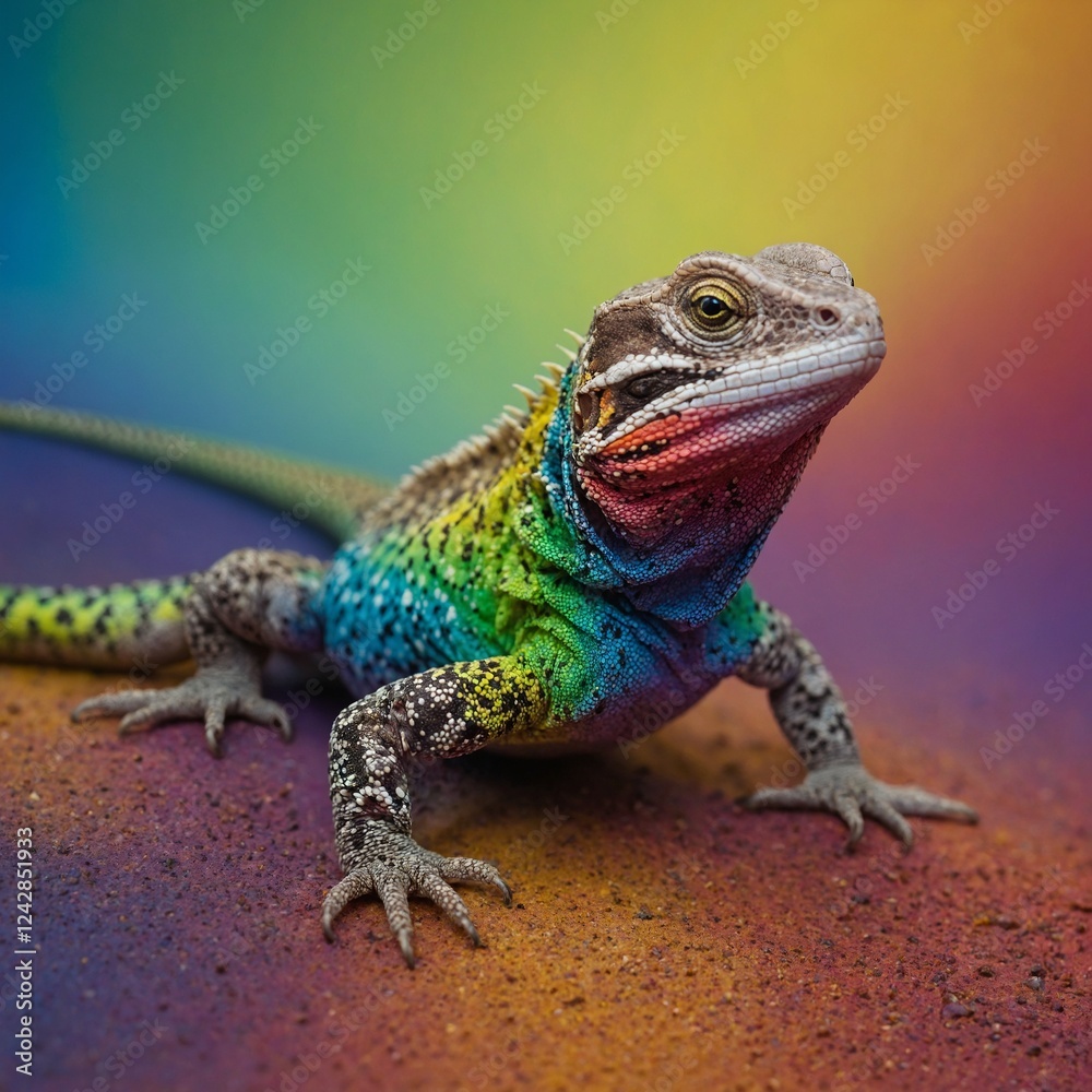 Fototapeta premium A spotted lizard crawling across a rainbow gradient.