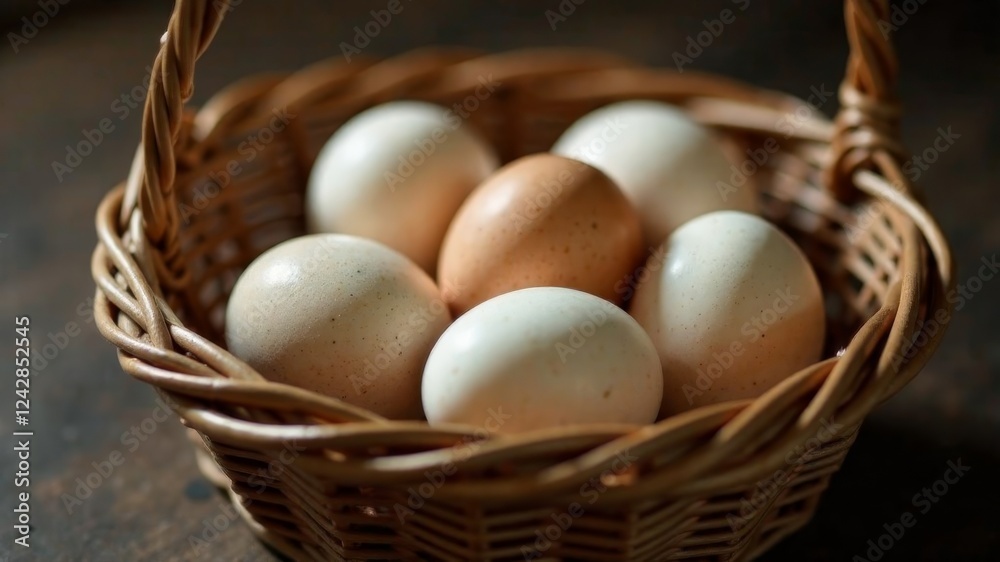 chicken eggs in a wicker basket standing on the table chicken eggs in a wicker basket standing on the table