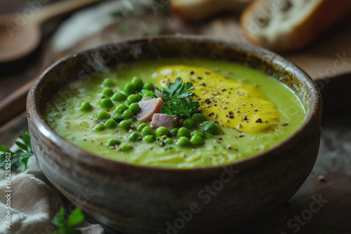 Steaming bowl of Finnish hernekeitto pea soup with smoked ham photo