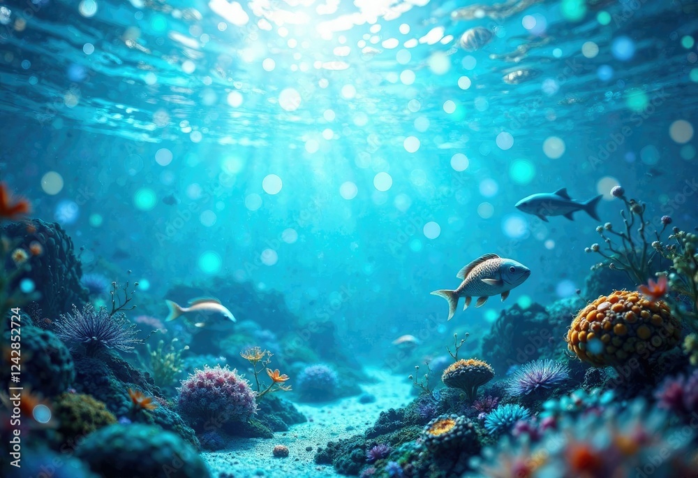 Fototapeta premium underwater world with abstract bokeh and ocean creatures, abstract bokeh, fish, marine life
