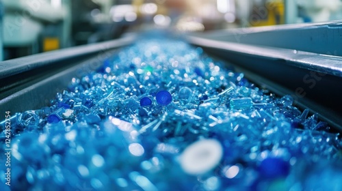 Blue plastic flakes conveyor belt recycling plant