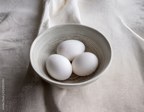 A minimalist Easter scene with a monochrome palette, featuring white eggs placed in a delicate nest. Soft lighting and subtle textures enhance the serene, modern aesthetic with a touch of elegance. photo