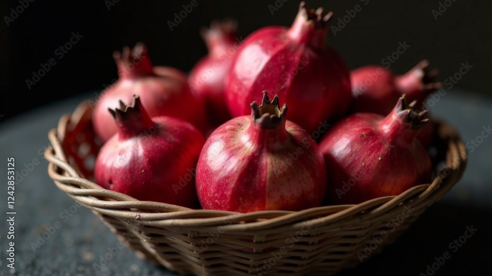 pomegranate in a wicker basket stands on a wooden table pomegranate in a wicker basket stands on a wooden table