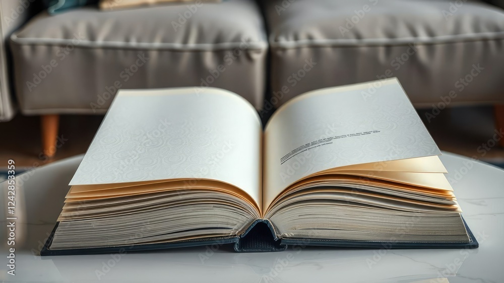 Two open soft cover books with a colorful illustration or graphic element on a modern coffee table, graphic novel, abstract pattern Two open soft cover books with a colorful illustration or graphic element on a modern coffee table, graphic novel, abstract pattern