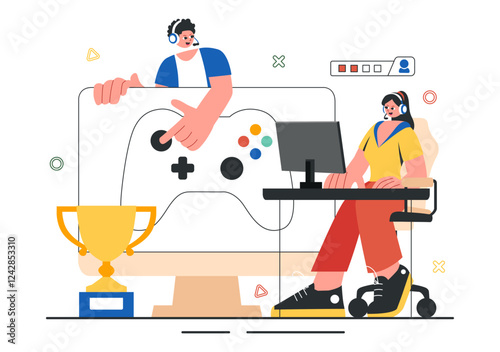 E-Sports Tournament Vector Illustration featuring Two Players Competing in an Online Game for a Cyber Sports Competition inside a Gaming Arena
