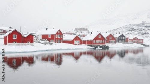 Snowy red houses by icy water, tranquil winter scene, possible use travel, tourism, nature postcard photo