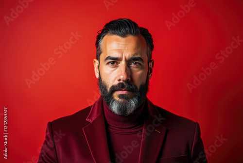 A bearded man wearing a red suit and turtleneck poses against a red background.
