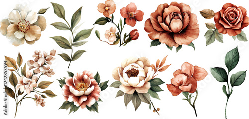 Watercolor floral and botanical collection with warm-toned flowers and green foliage