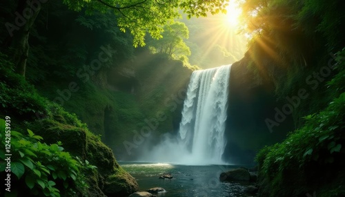 Sunlight filters through dense leafy canopies above misty falls, sunlight, hawaii photo