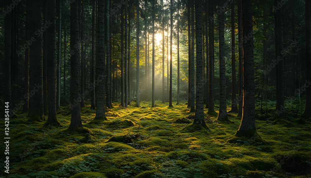 Obraz premium Sunbeams in mossy forest at sunrise, nature background, peaceful scene