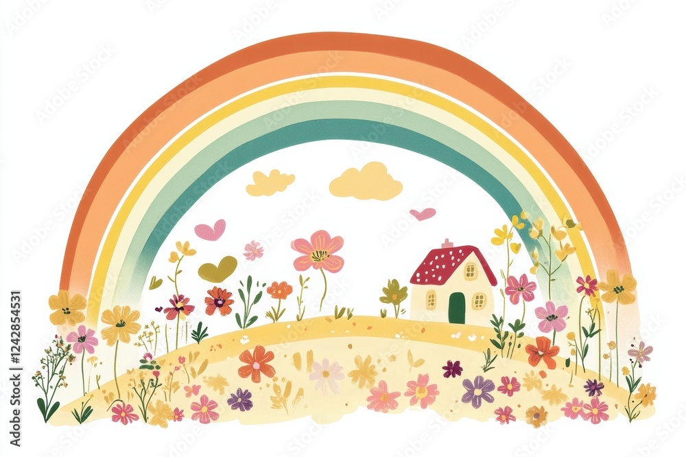 Bright and cheerful landscape with a rainbow, flowers, and a cottage under a sunny sky. Generative AI Bright and cheerful landscape with a rainbow, flowers, and a cottage under a sunny sky. Generative AI