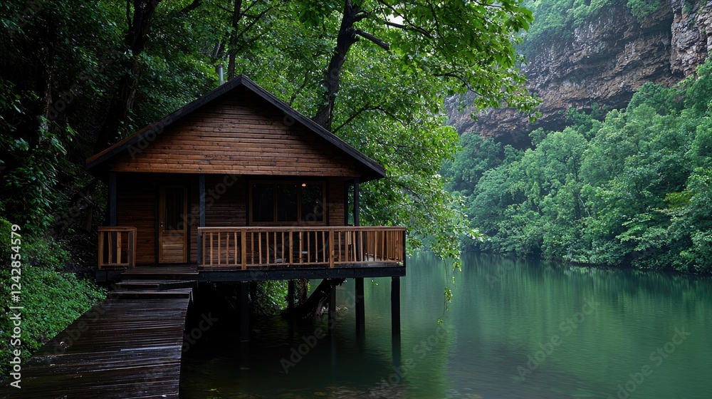 Secluded River Cabin, Green Gorge Background Secluded River Cabin, Green Gorge Background