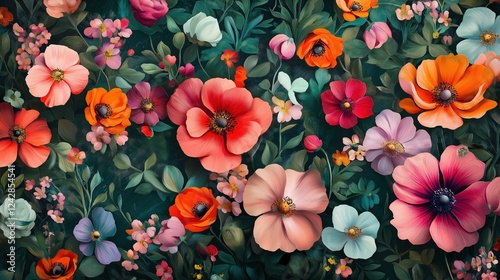 Wallpaper Mural Vibrant floral pattern with hand-painted botanical details on dark background Torontodigital.ca