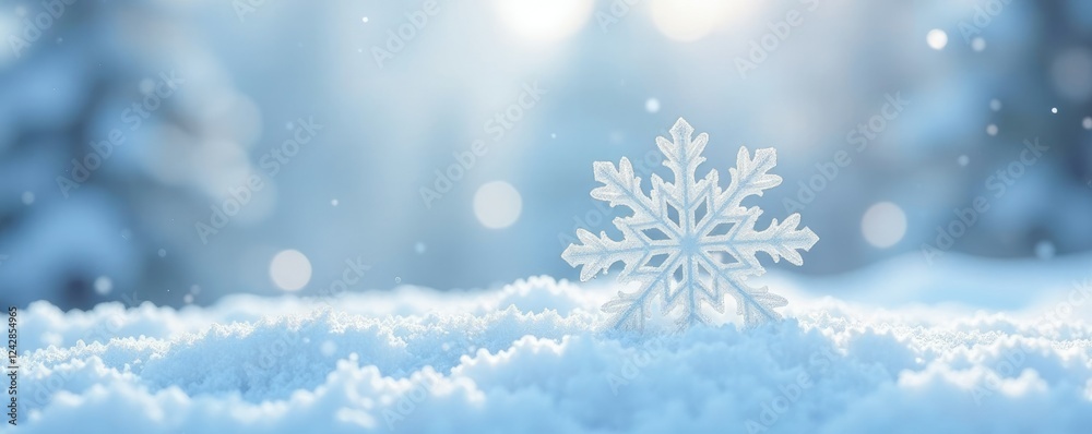 Snowflake forms part of larger snowstorm on white background, winter, soft, icy Snowflake forms part of larger snowstorm on white background, winter, soft, icy