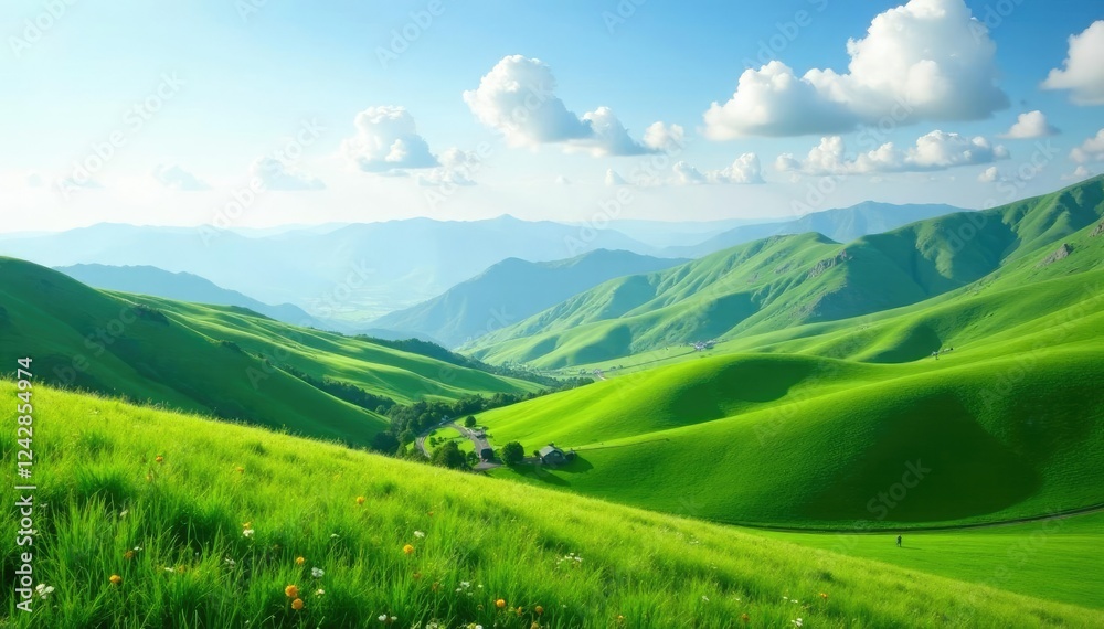 Rolling hills in mountain valley covered with lush green grass, hills, sky, landscape Rolling hills in mountain valley covered with lush green grass, hills, sky, landscape