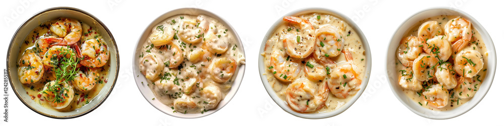 Creamy garlic shrimp isolated on transparent background, PNG, Set of Creamy garlic shrimp isolated on transparent background, PNG, Set of